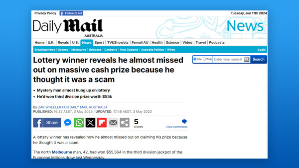Lottery winner almost missed massive prize because he thought it was a scam